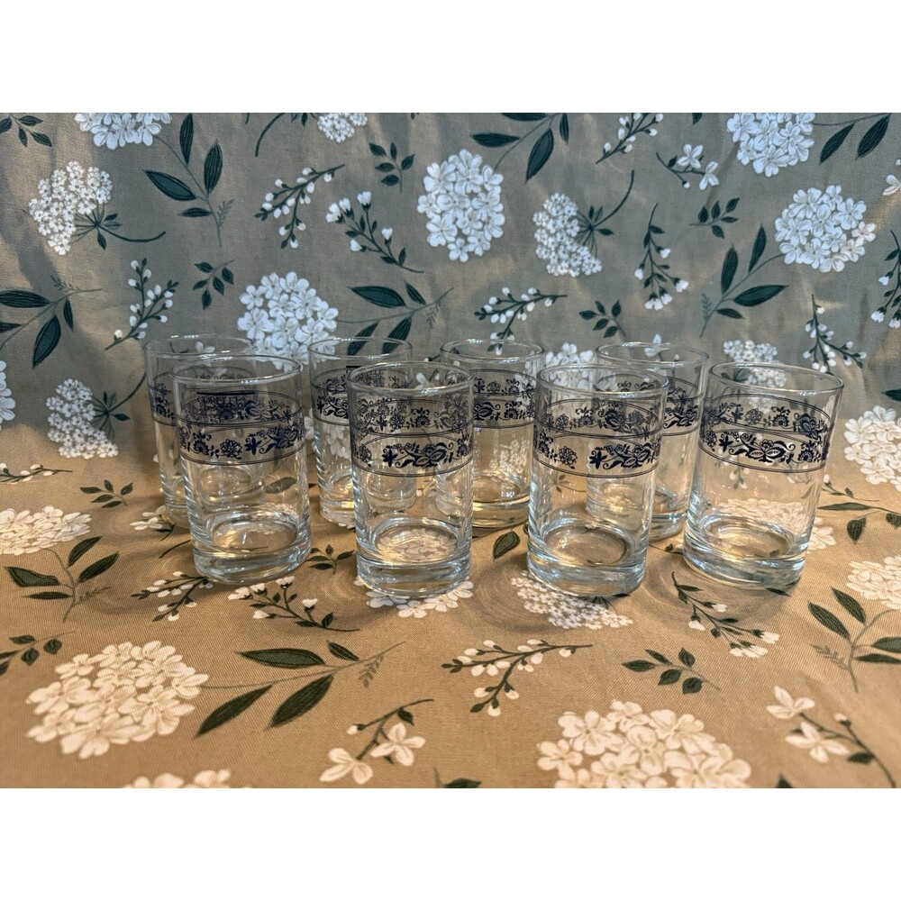 Vintage 1970's Set of 8 Libbey Corelle Old Towne Blue Onion 8oz Juice Glasses